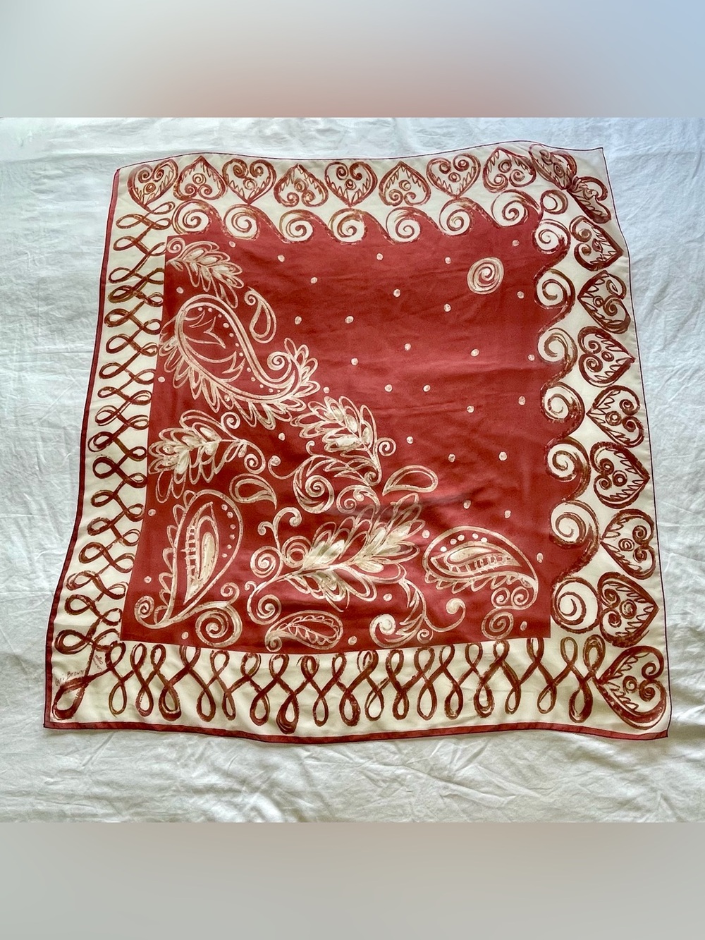 Geri Brown Rust and Cream Paisley almost Square Scarf- translucent